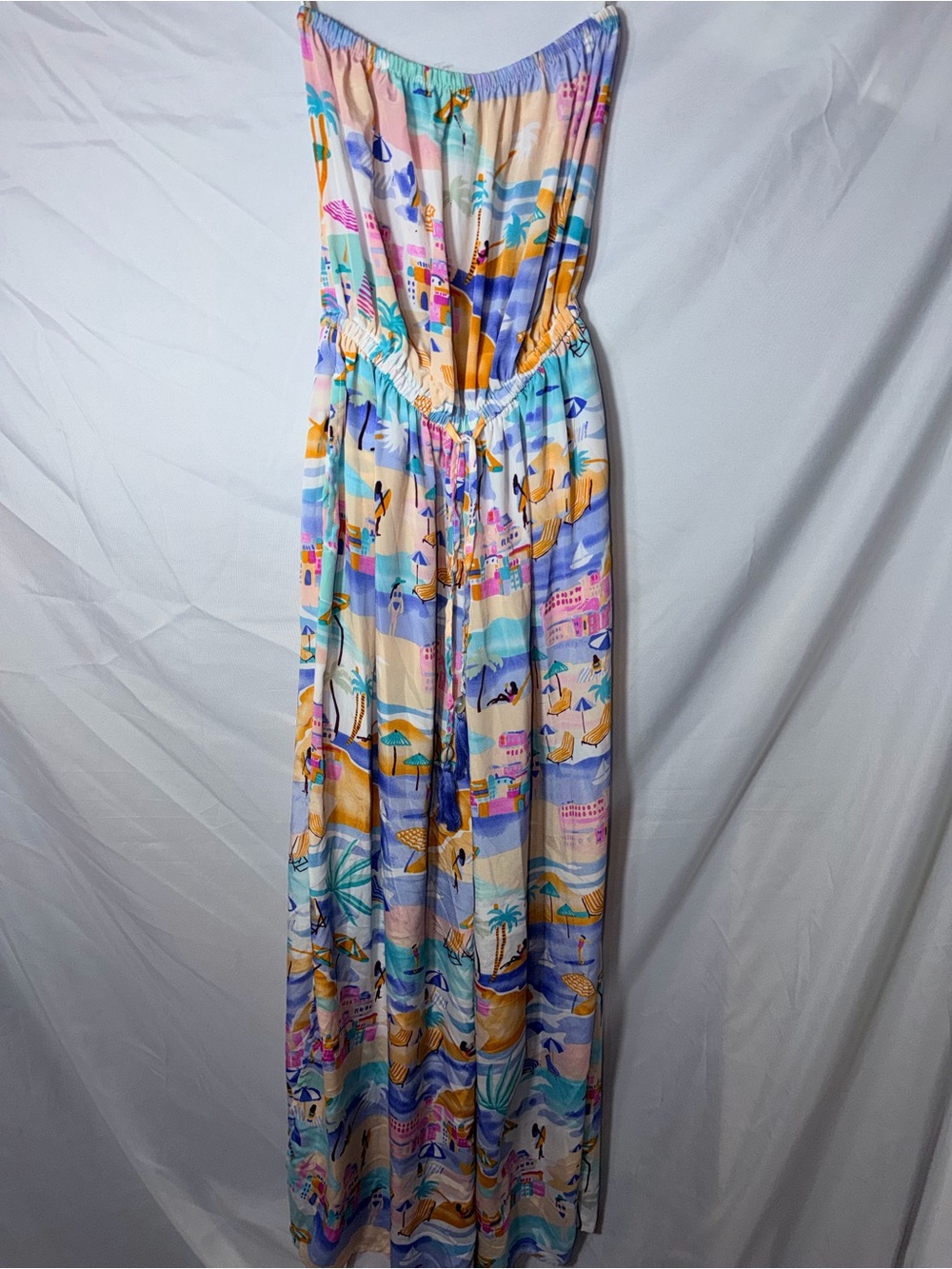 True Destinations Strapless multicolor beach-print wide-leg jumpsuit with slit